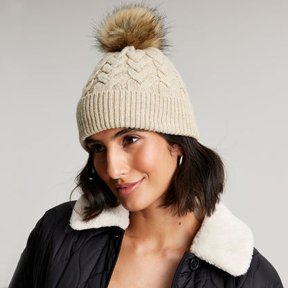 Joules Hats Elena Cable Knit Faux Fur Pom Bobble Hat - Oatmeal