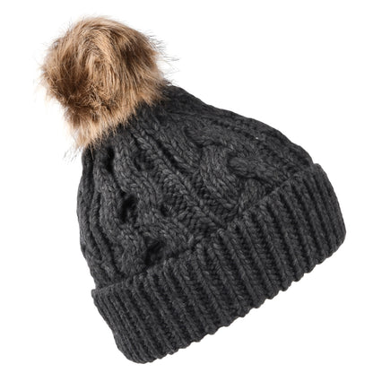 Barbour Hats Penshaw Cable Knit Faux Fur Pom Bobble Hat - Charcoal