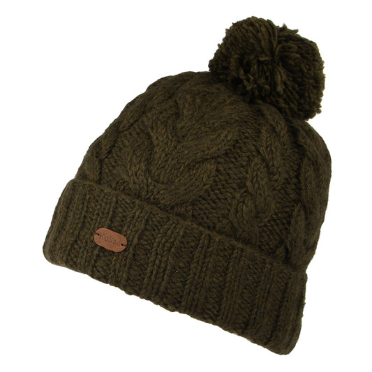 Kusan Cable Knit Turn Up Bobble Hat - Olive