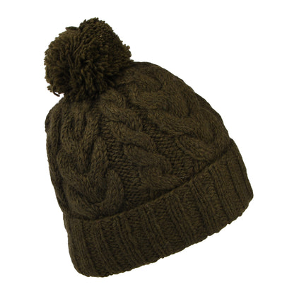 Kusan Cable Knit Turn Up Bobble Hat - Olive