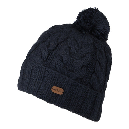 Kusan Cable Knit Turn Up Bobble Hat - Navy Blue