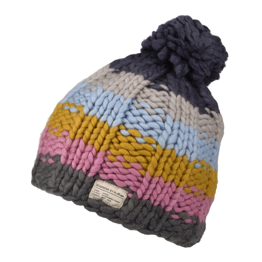Kusan Rainbow Moss Stitch Yarn Bobble Hat - Grey-Multi