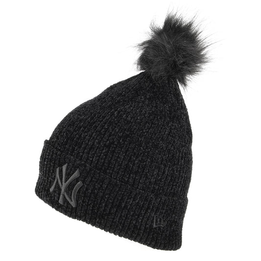New Era Womens New York Yankees Faux Fur Pom Bobble Hat - MLB Chenille Bobble - Black
