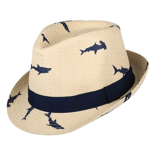 Joules Hats Kids Printed Sharks Straw Trilby Hat - Natural