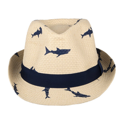 Joules Hats Kids Printed Sharks Straw Trilby Hat - Natural