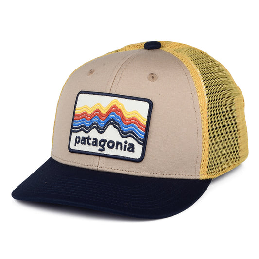 Patagonia Hats Kids Ridge Rise Stripe Organic Cotton Trucker Cap - Tan-Navy-Yellow