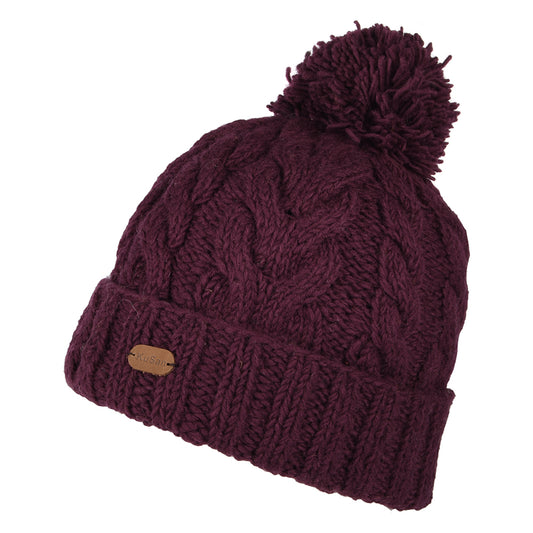Kusan Cable Knit Turn Up Bobble Hat - Berry