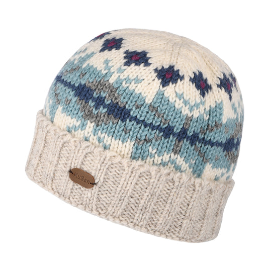 Kusan Snowflake Turn Up Beanie Hat - Cream