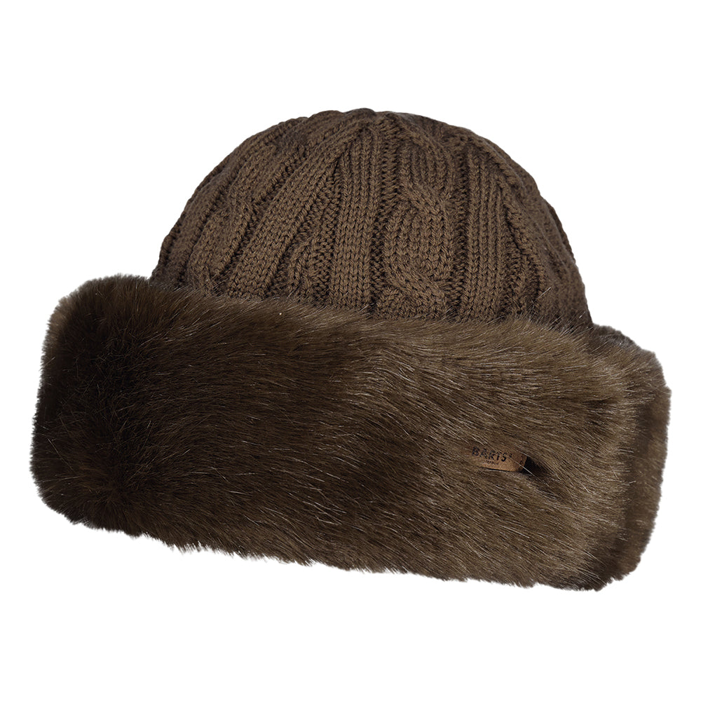 Barts Hats Faux Fur Cable Knit Beanie Hat - Dark Brown